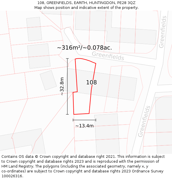 108, GREENFIELDS, EARITH, HUNTINGDON, PE28 3QZ: Plot and title map
