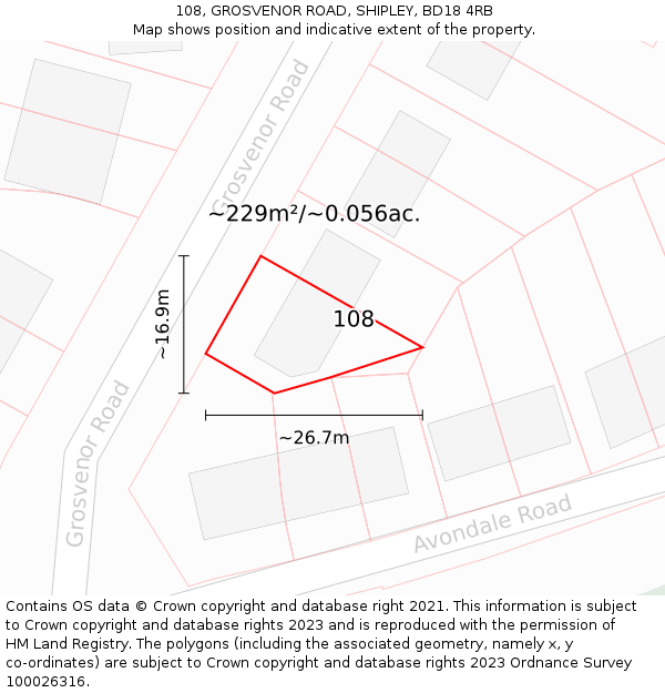 108, GROSVENOR ROAD, SHIPLEY, BD18 4RB: Plot and title map