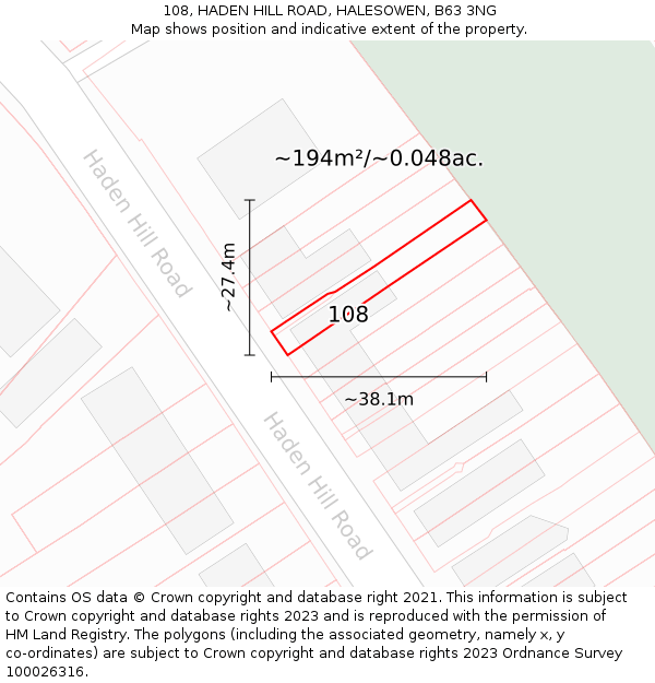 108, HADEN HILL ROAD, HALESOWEN, B63 3NG: Plot and title map