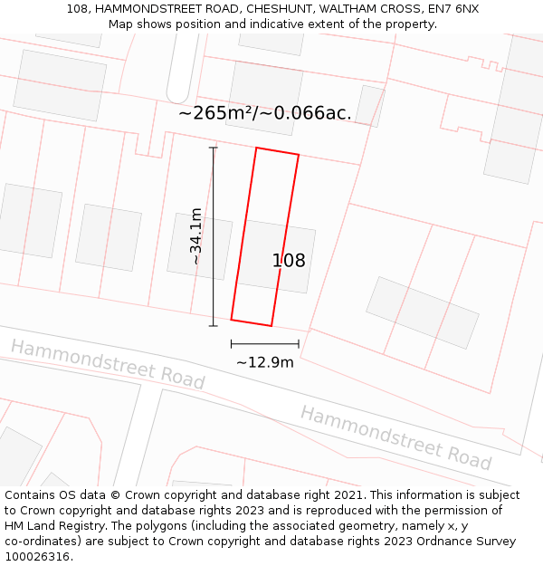 108, HAMMONDSTREET ROAD, CHESHUNT, WALTHAM CROSS, EN7 6NX: Plot and title map