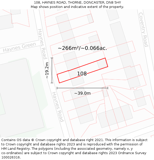 108, HAYNES ROAD, THORNE, DONCASTER, DN8 5HY: Plot and title map
