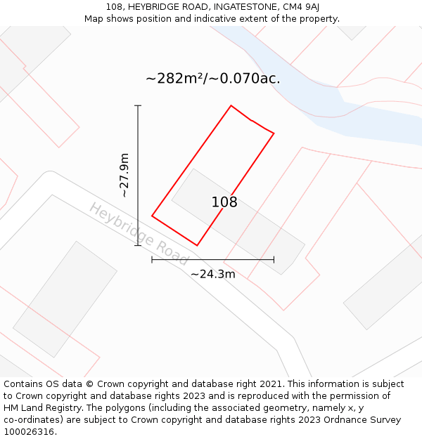 108, HEYBRIDGE ROAD, INGATESTONE, CM4 9AJ: Plot and title map