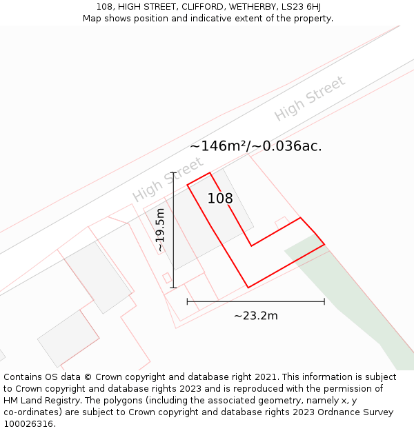108, HIGH STREET, CLIFFORD, WETHERBY, LS23 6HJ: Plot and title map