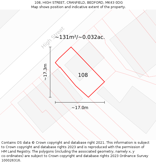 108, HIGH STREET, CRANFIELD, BEDFORD, MK43 0DG: Plot and title map