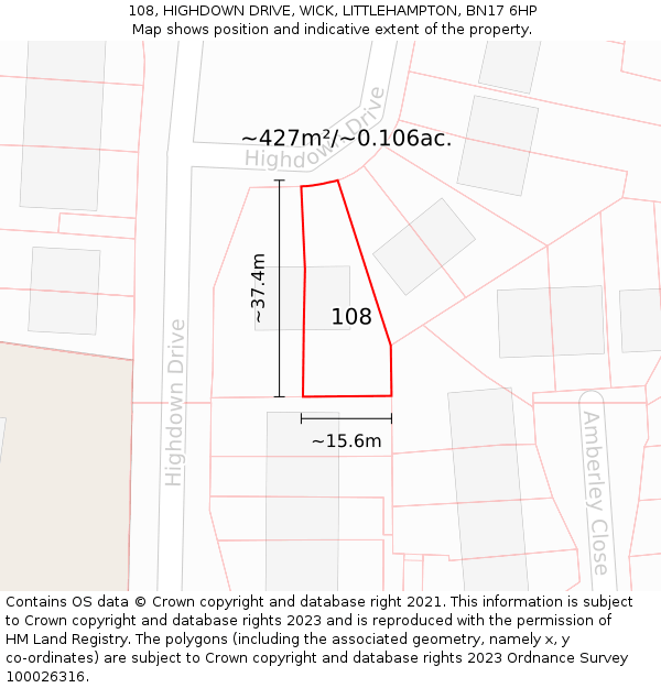 108, HIGHDOWN DRIVE, WICK, LITTLEHAMPTON, BN17 6HP: Plot and title map