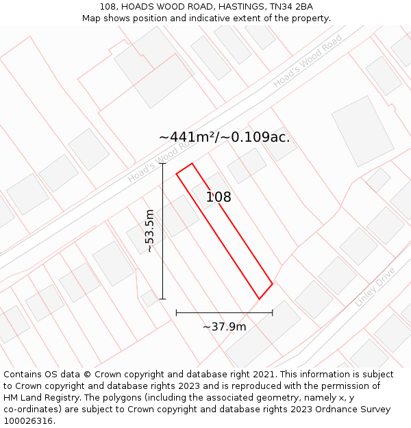 108, HOADS WOOD ROAD, HASTINGS, TN34 2BA: Plot and title map