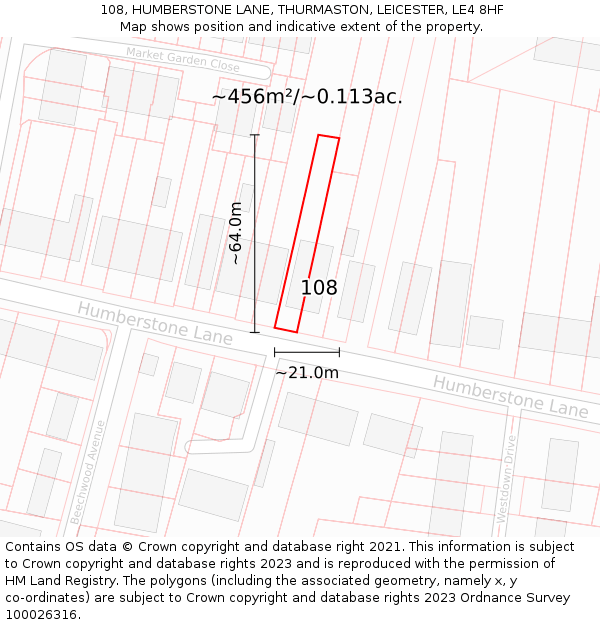 108, HUMBERSTONE LANE, THURMASTON, LEICESTER, LE4 8HF: Plot and title map