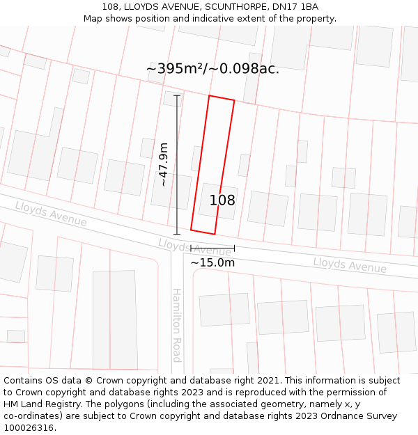 108, LLOYDS AVENUE, SCUNTHORPE, DN17 1BA: Plot and title map