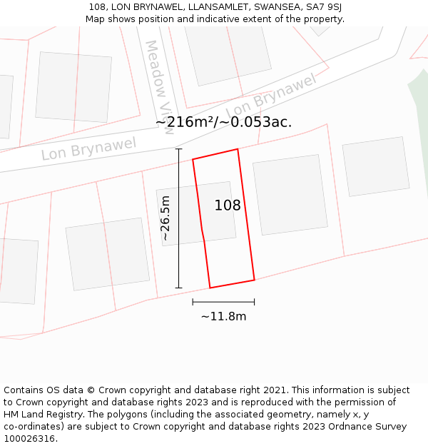 108, LON BRYNAWEL, LLANSAMLET, SWANSEA, SA7 9SJ: Plot and title map