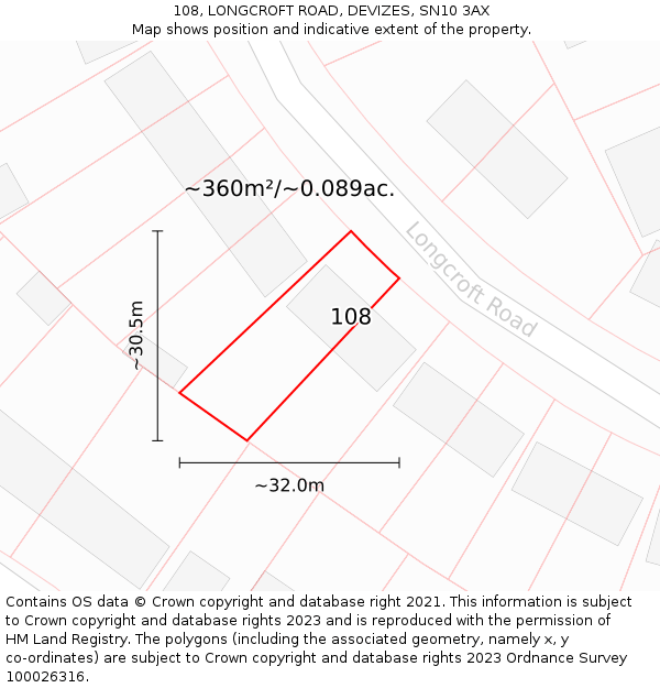 108, LONGCROFT ROAD, DEVIZES, SN10 3AX: Plot and title map