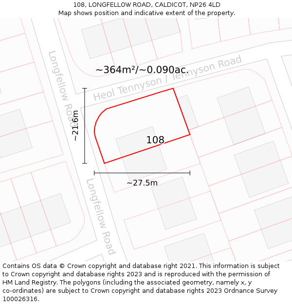 108, LONGFELLOW ROAD, CALDICOT, NP26 4LD: Plot and title map
