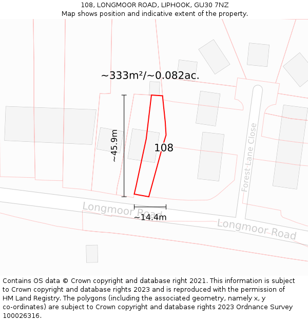 108, LONGMOOR ROAD, LIPHOOK, GU30 7NZ: Plot and title map