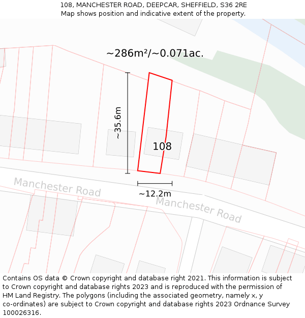108, MANCHESTER ROAD, DEEPCAR, SHEFFIELD, S36 2RE: Plot and title map