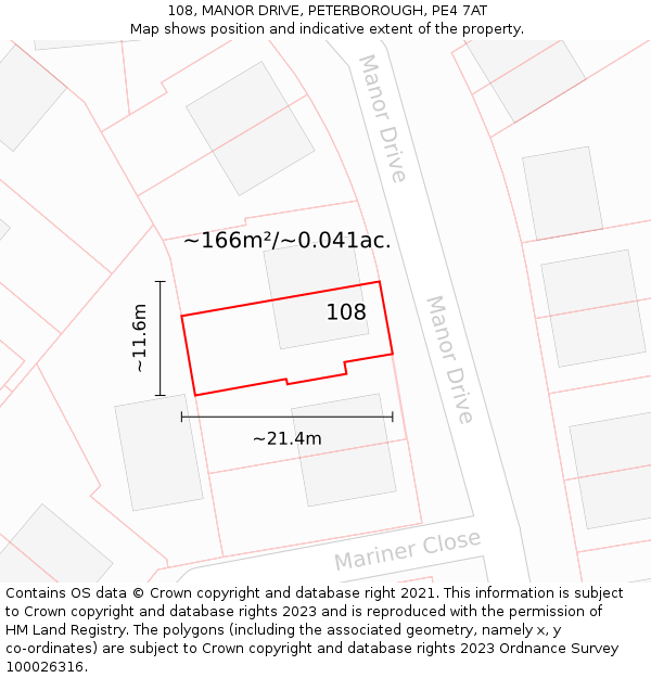 108, MANOR DRIVE, PETERBOROUGH, PE4 7AT: Plot and title map