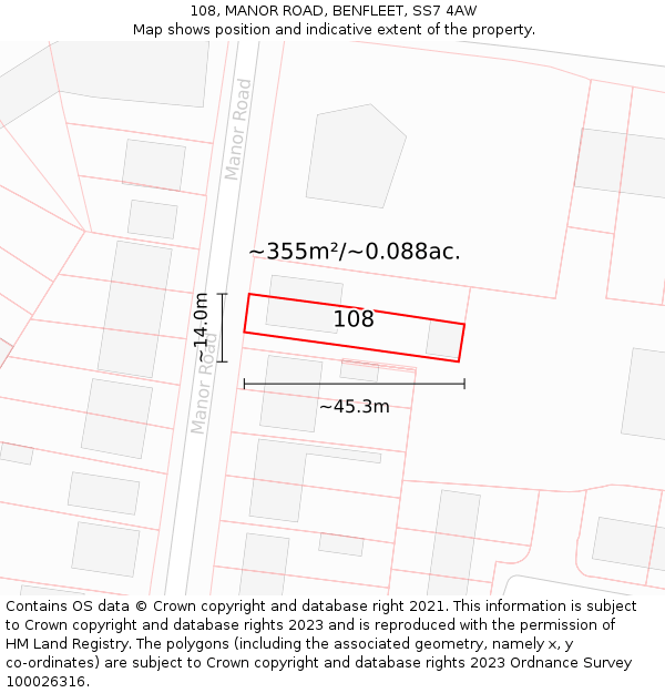 108, MANOR ROAD, BENFLEET, SS7 4AW: Plot and title map