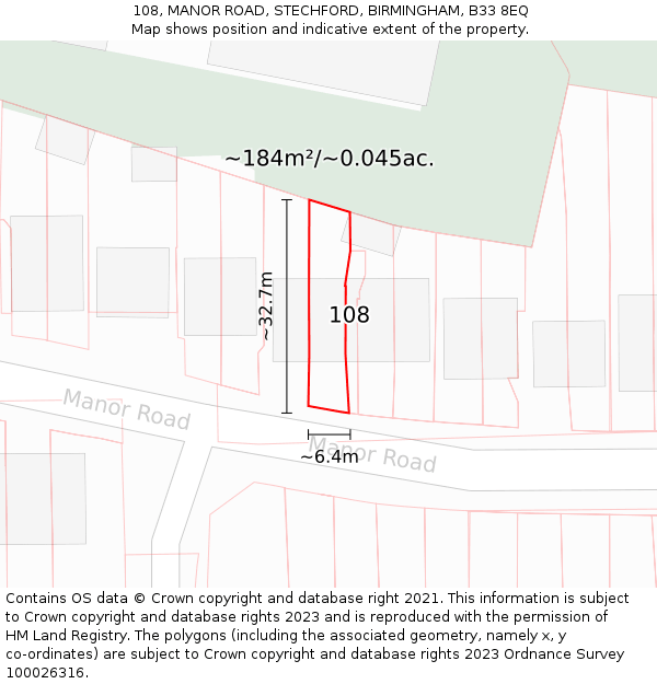 108, MANOR ROAD, STECHFORD, BIRMINGHAM, B33 8EQ: Plot and title map