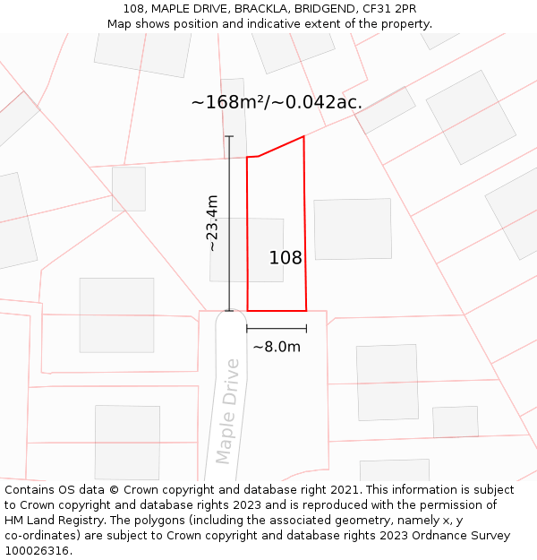 108, MAPLE DRIVE, BRACKLA, BRIDGEND, CF31 2PR: Plot and title map