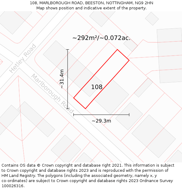 108, MARLBOROUGH ROAD, BEESTON, NOTTINGHAM, NG9 2HN: Plot and title map