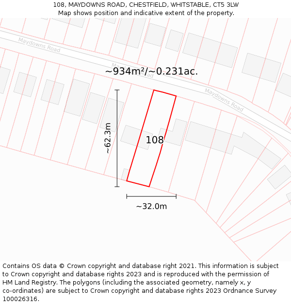 108, MAYDOWNS ROAD, CHESTFIELD, WHITSTABLE, CT5 3LW: Plot and title map
