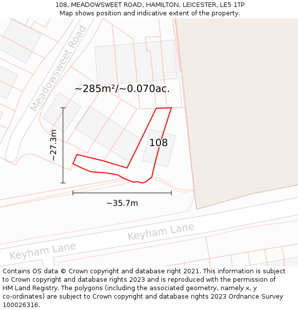 108, MEADOWSWEET ROAD, HAMILTON, LEICESTER, LE5 1TP: Plot and title map