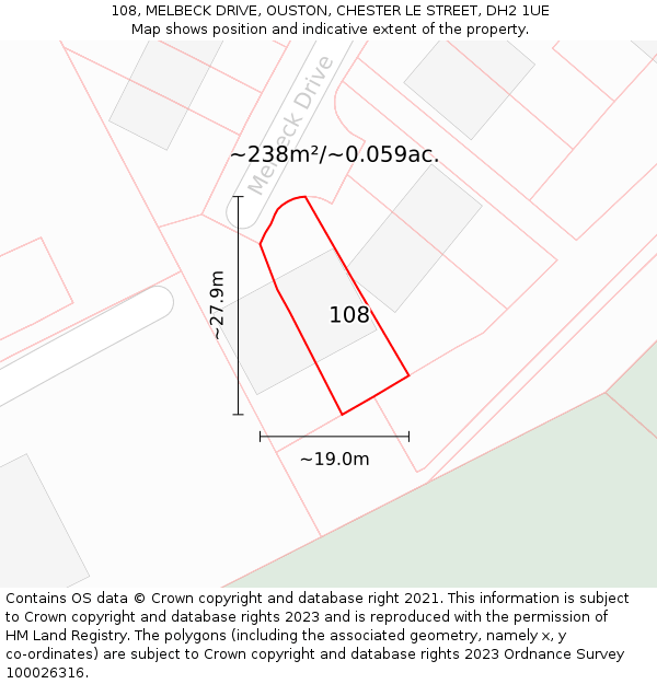 108, MELBECK DRIVE, OUSTON, CHESTER LE STREET, DH2 1UE: Plot and title map