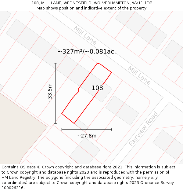 108, MILL LANE, WEDNESFIELD, WOLVERHAMPTON, WV11 1DB: Plot and title map