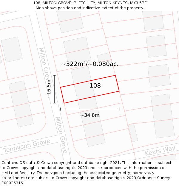 108, MILTON GROVE, BLETCHLEY, MILTON KEYNES, MK3 5BE: Plot and title map