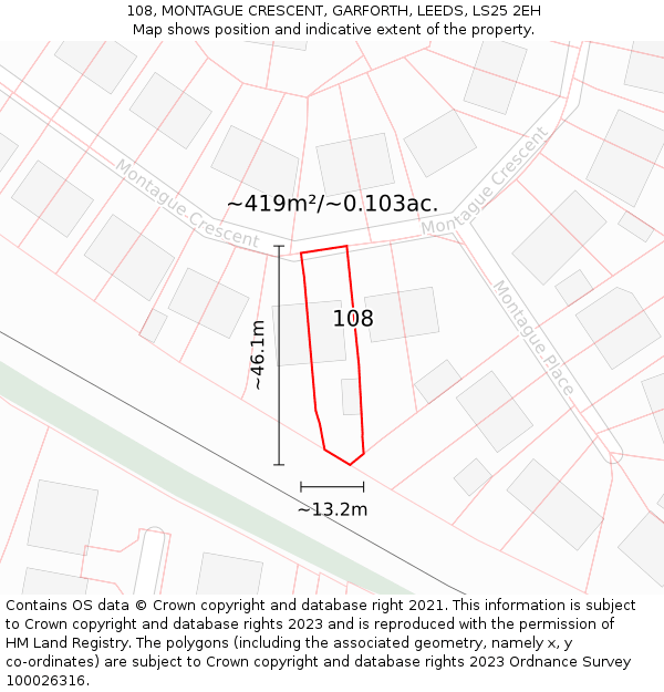 108, MONTAGUE CRESCENT, GARFORTH, LEEDS, LS25 2EH: Plot and title map