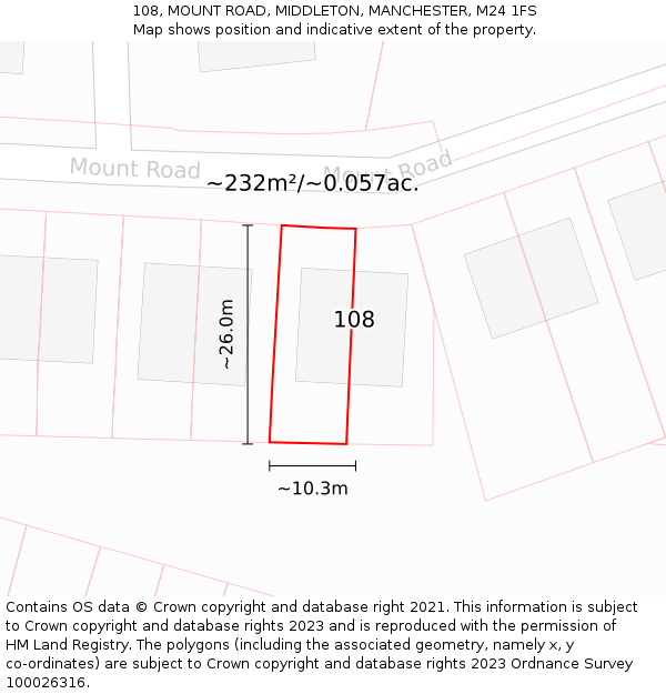 108, MOUNT ROAD, MIDDLETON, MANCHESTER, M24 1FS: Plot and title map