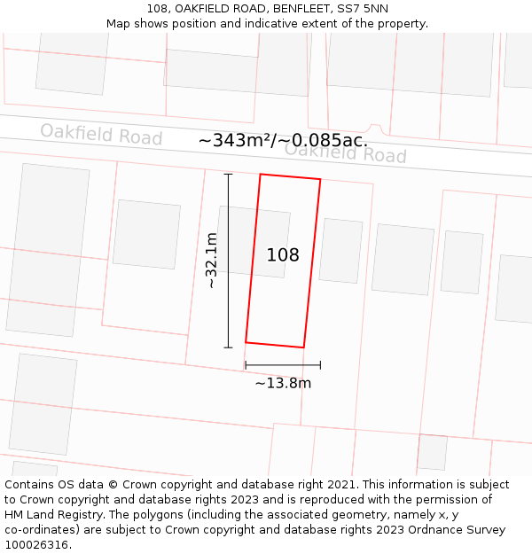 108, OAKFIELD ROAD, BENFLEET, SS7 5NN: Plot and title map