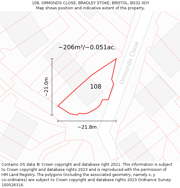 108, ORMONDS CLOSE, BRADLEY STOKE, BRISTOL, BS32 0DY: Plot and title map