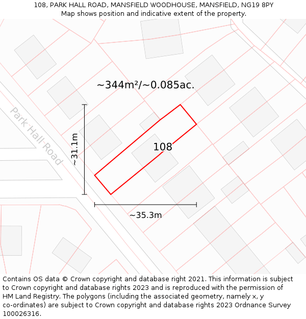 108, PARK HALL ROAD, MANSFIELD WOODHOUSE, MANSFIELD, NG19 8PY: Plot and title map