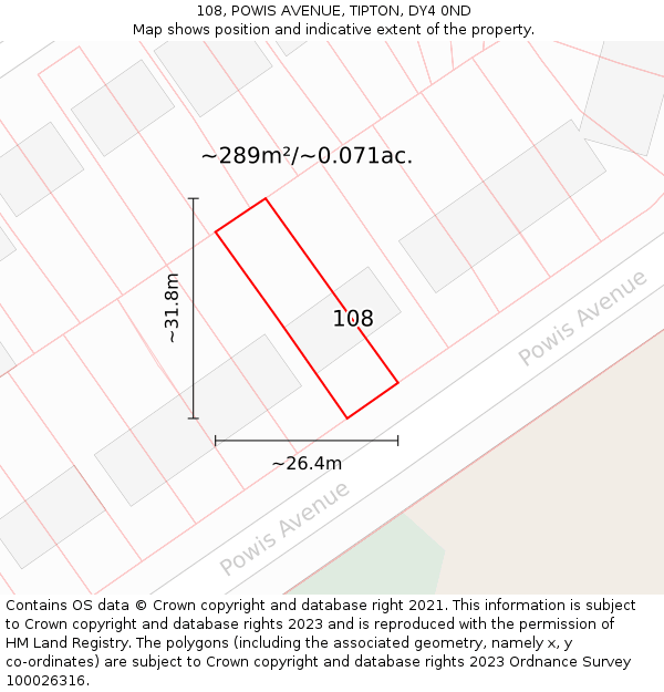 108, POWIS AVENUE, TIPTON, DY4 0ND: Plot and title map