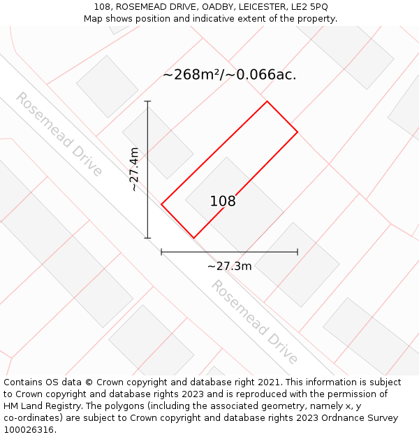 108, ROSEMEAD DRIVE, OADBY, LEICESTER, LE2 5PQ: Plot and title map