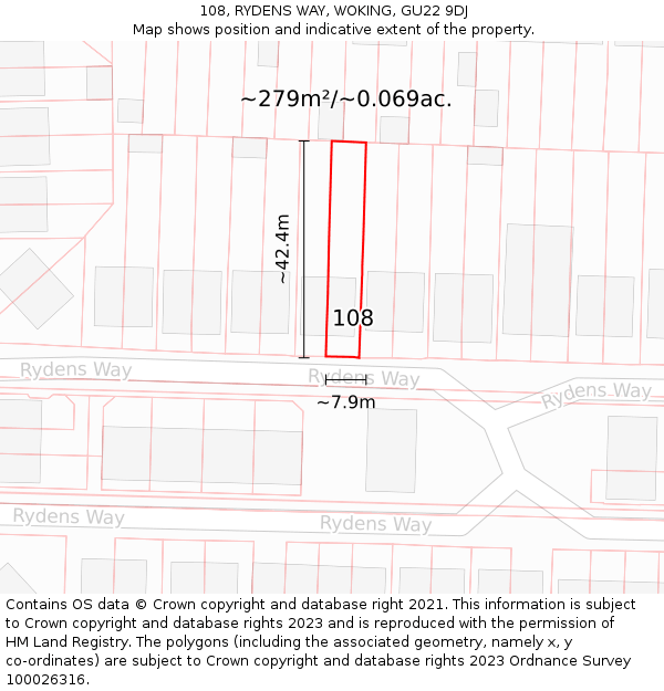 108, RYDENS WAY, WOKING, GU22 9DJ: Plot and title map
