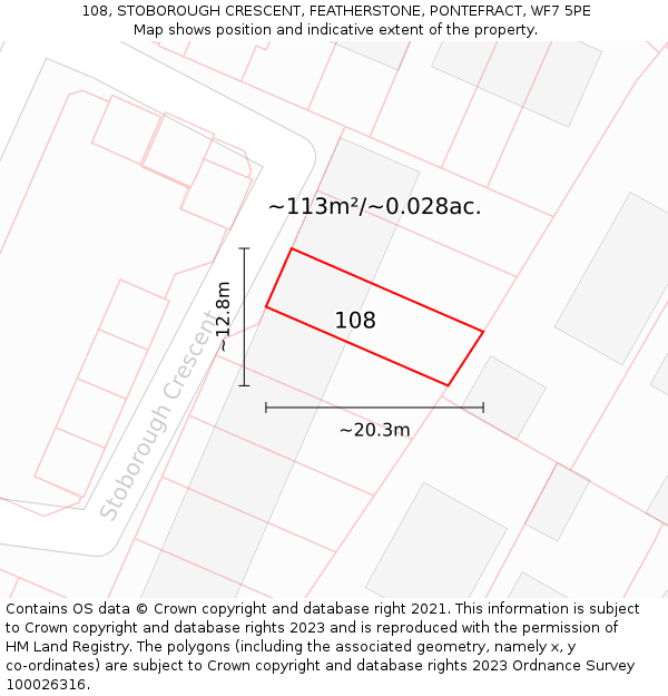 108, STOBOROUGH CRESCENT, FEATHERSTONE, PONTEFRACT, WF7 5PE: Plot and title map