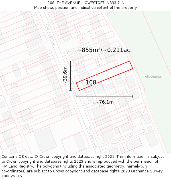 108, THE AVENUE, LOWESTOFT, NR33 7LN: Plot and title map