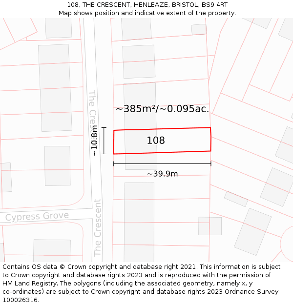 108, THE CRESCENT, HENLEAZE, BRISTOL, BS9 4RT: Plot and title map