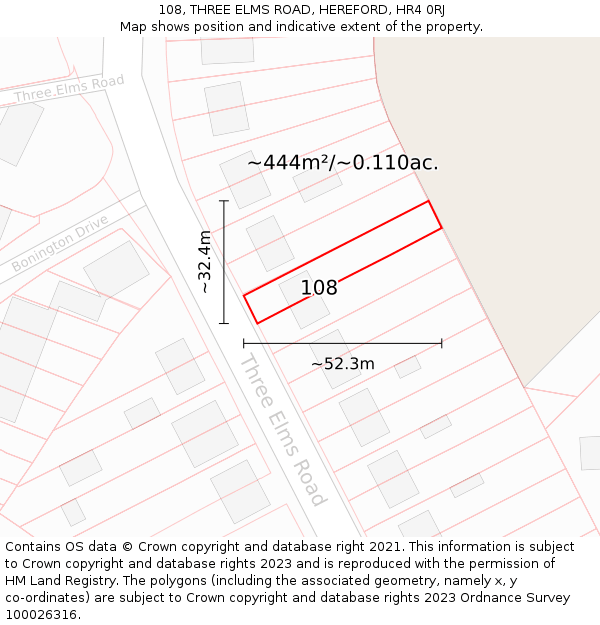 108, THREE ELMS ROAD, HEREFORD, HR4 0RJ: Plot and title map
