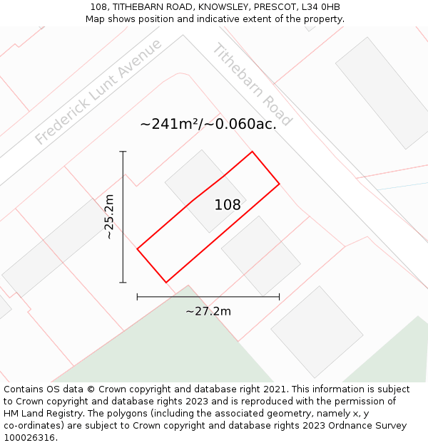 108, TITHEBARN ROAD, KNOWSLEY, PRESCOT, L34 0HB: Plot and title map