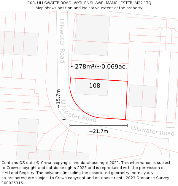 108, ULLSWATER ROAD, WYTHENSHAWE, MANCHESTER, M22 1TQ: Plot and title map