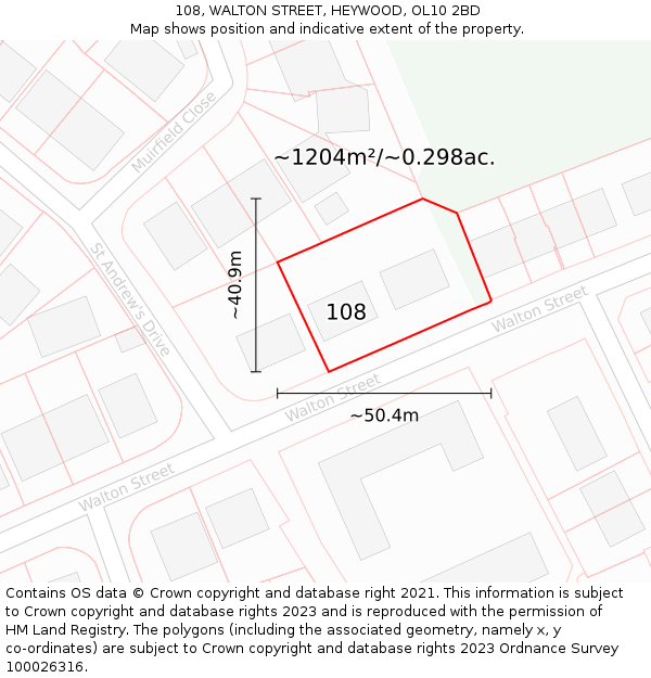 108, WALTON STREET, HEYWOOD, OL10 2BD: Plot and title map