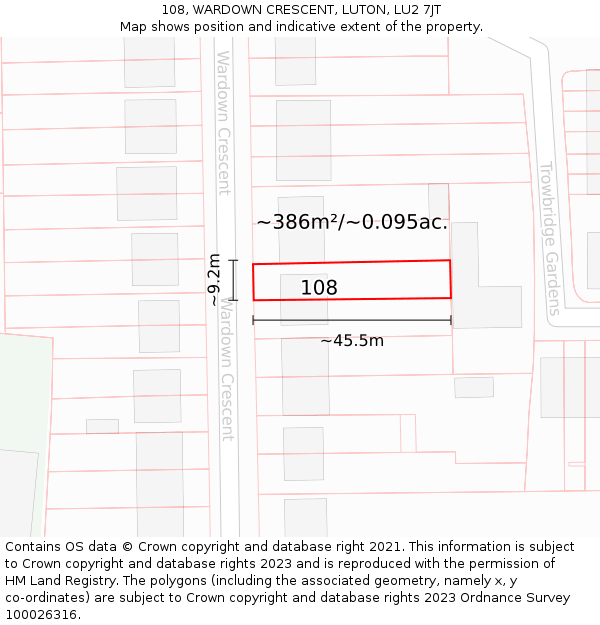 108, WARDOWN CRESCENT, LUTON, LU2 7JT: Plot and title map