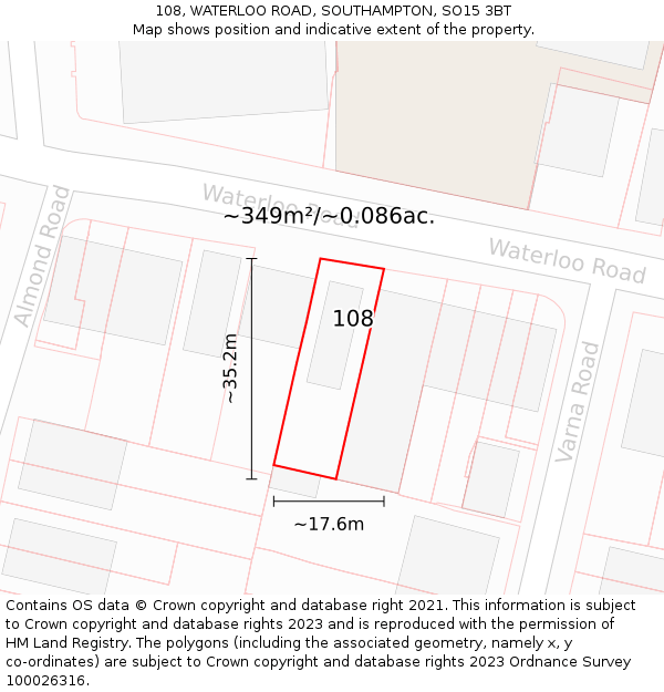 108, WATERLOO ROAD, SOUTHAMPTON, SO15 3BT: Plot and title map