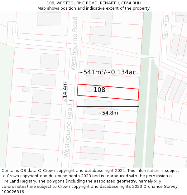 108, WESTBOURNE ROAD, PENARTH, CF64 3HH: Plot and title map