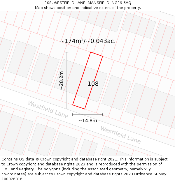 108, WESTFIELD LANE, MANSFIELD, NG19 6AQ: Plot and title map