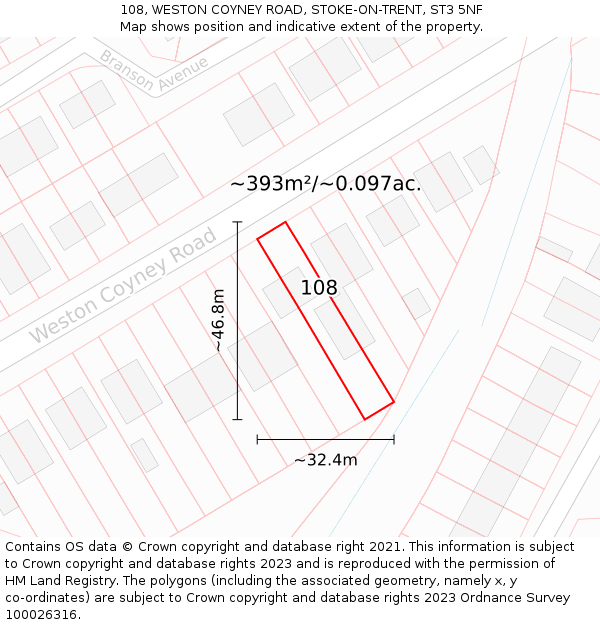 108, WESTON COYNEY ROAD, STOKE-ON-TRENT, ST3 5NF: Plot and title map