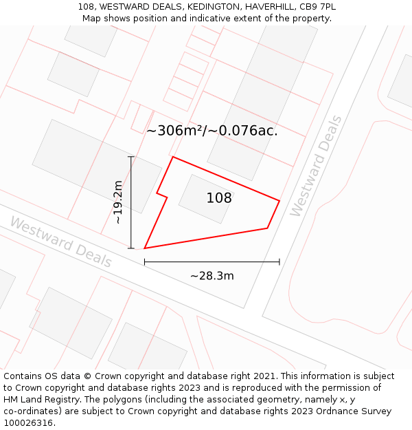 108, WESTWARD DEALS, KEDINGTON, HAVERHILL, CB9 7PL: Plot and title map