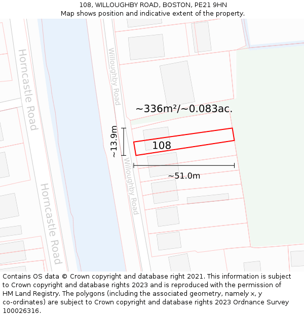 108, WILLOUGHBY ROAD, BOSTON, PE21 9HN: Plot and title map