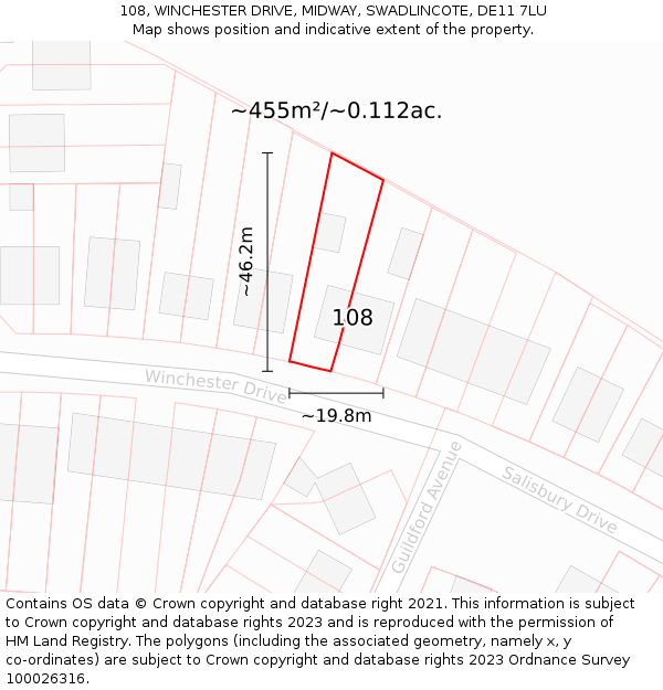 108, WINCHESTER DRIVE, MIDWAY, SWADLINCOTE, DE11 7LU: Plot and title map
